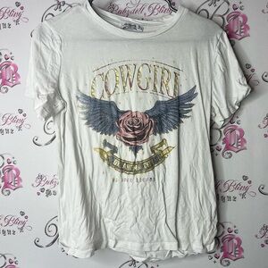 Stradivarius tshirt tee shiny gold rose angel wings White Cowgirl Graphic Tee